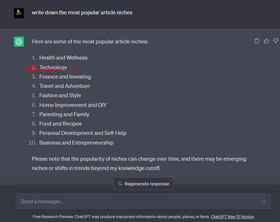 ChatGPT interface, showcasing popular article niches list