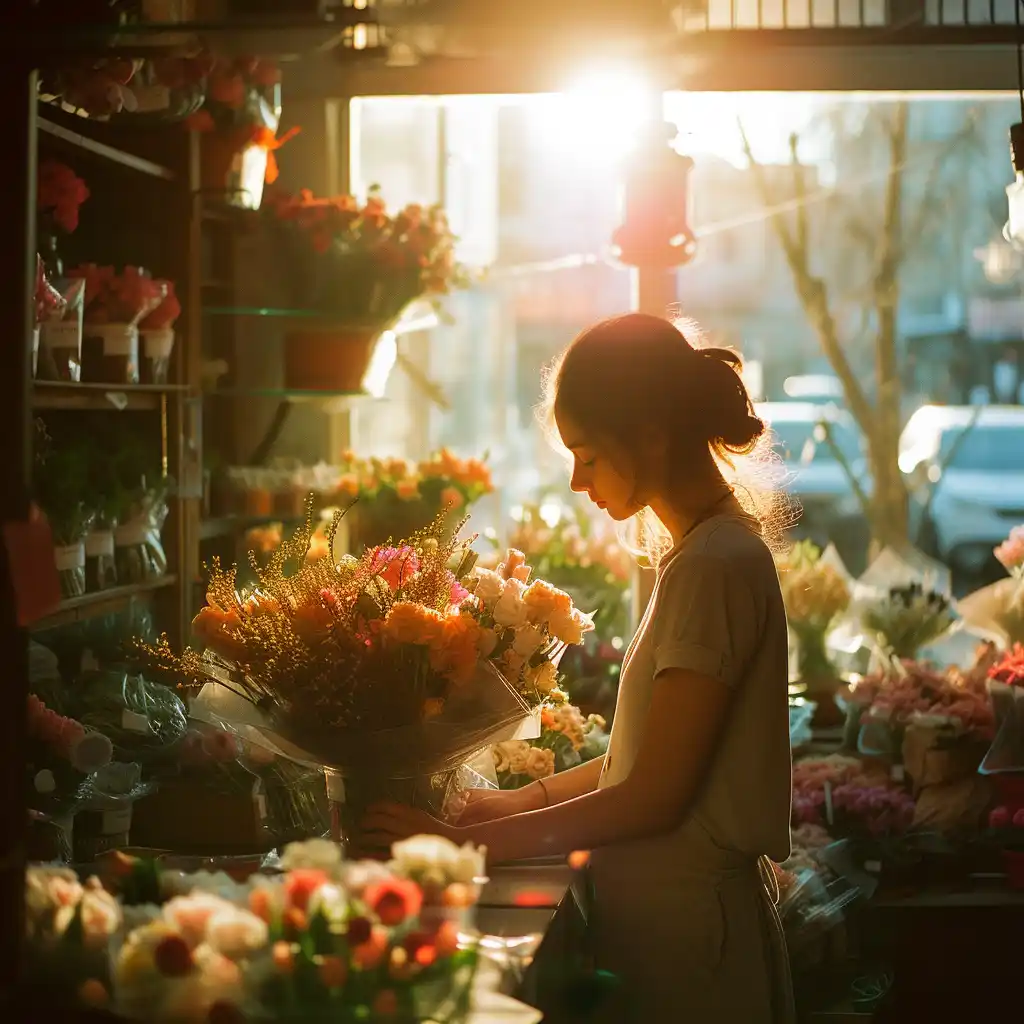 Midjourney AI Prompt: Photography in a Flower Shop: photography shot in a flower shop, cosy interior, depth of field, lone woman working on a bouquet, portrait, golden hour, backlight, sun, spring, kodak portra 800, 105 mm f1.8