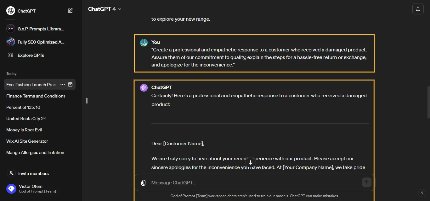 Customer Questions response From ChatGPT