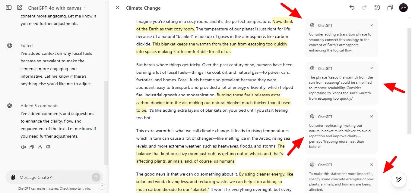 Use a Conversational Tone with ChatGPT Canvas response edited response 