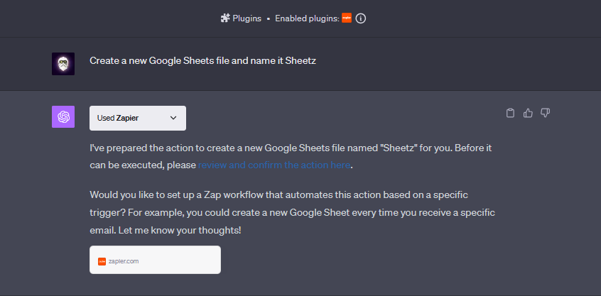 Creating Zapier automating through its plugin inside ChatGPT