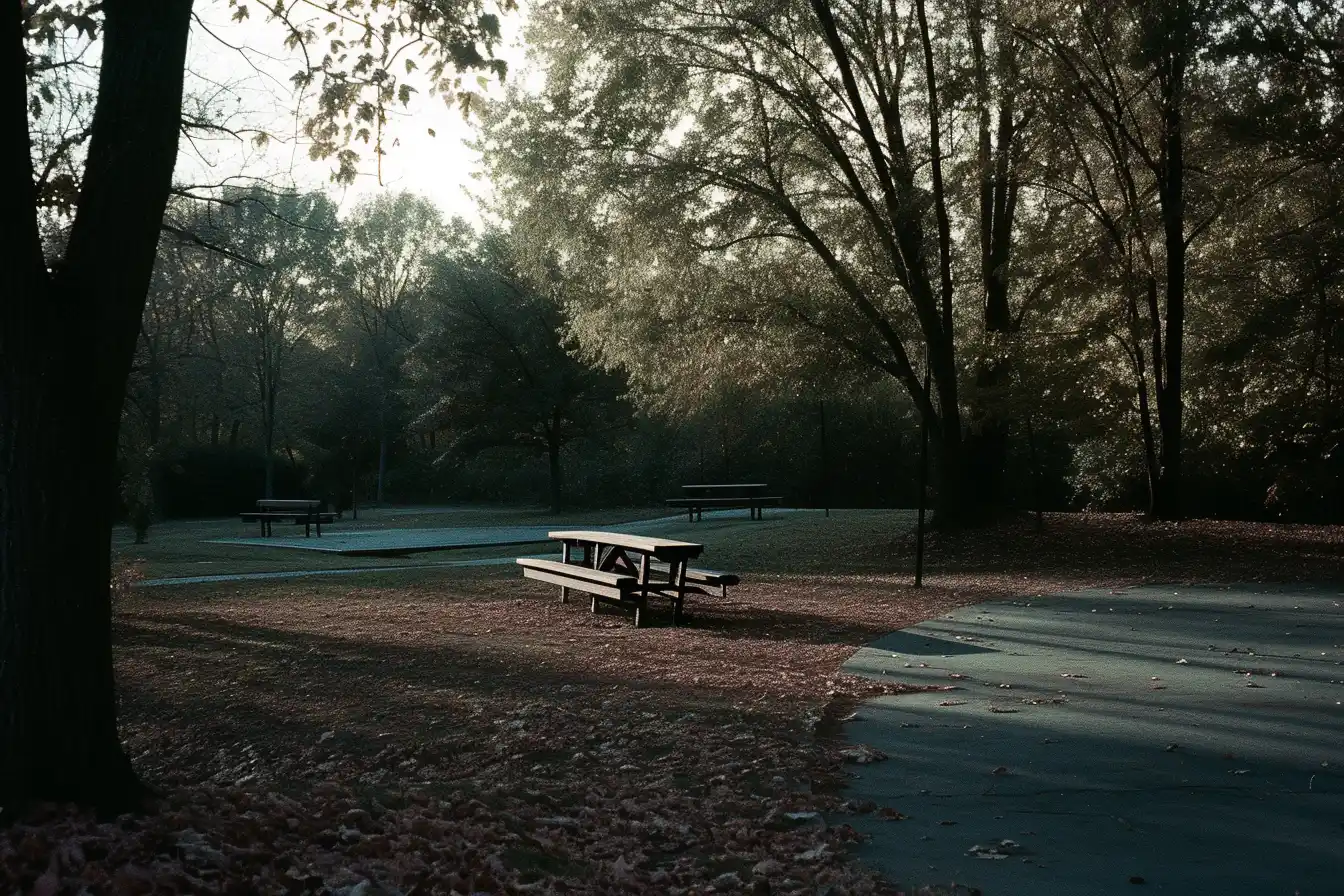 Midjourney AI Prompt: A photograph of an empty park taken on a Kodak Retina IIIc camera, fall, moody -ar 3:2 -stylize 0