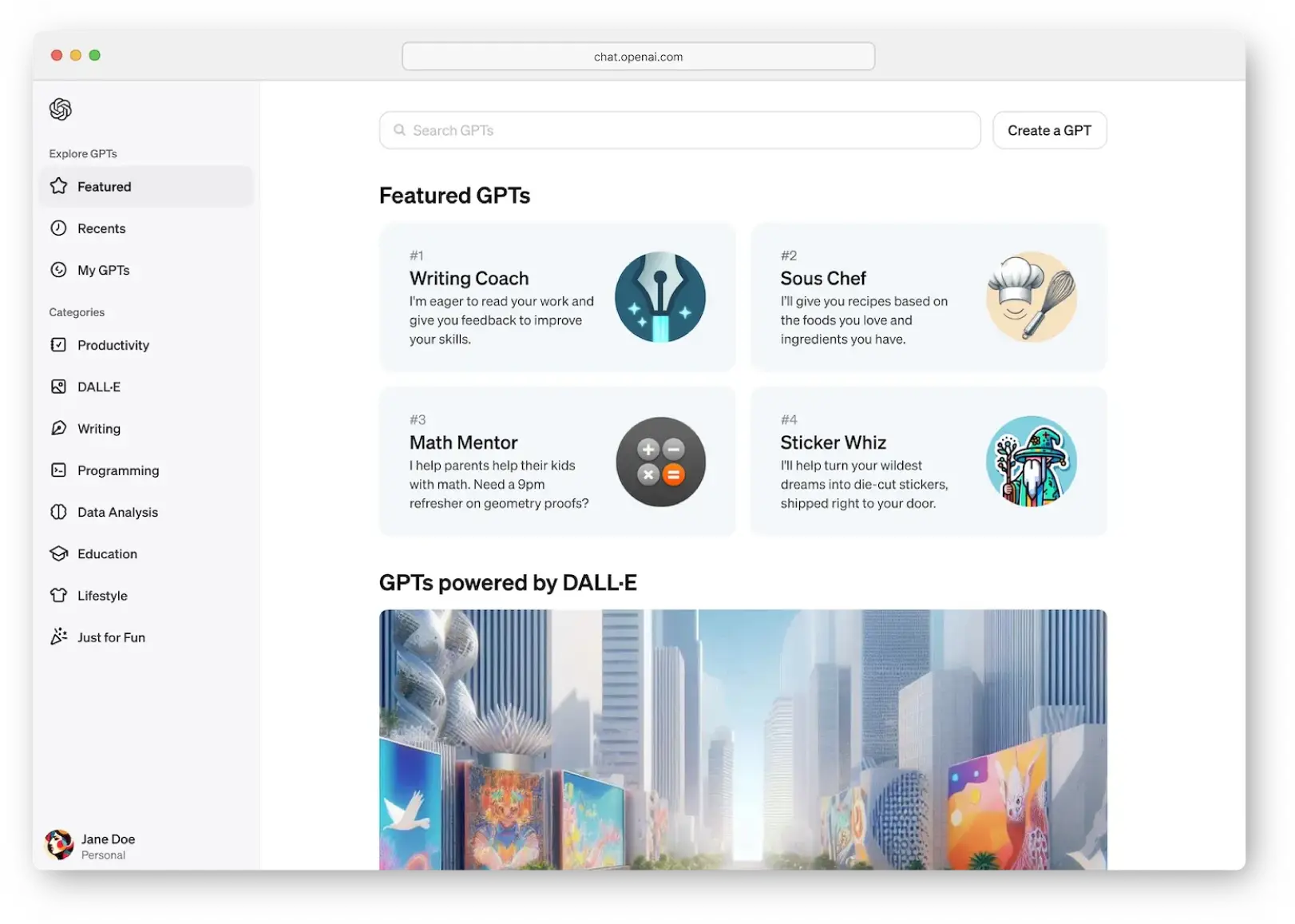 GPT Store Interface, available for ChatGPT Plus Subscribers