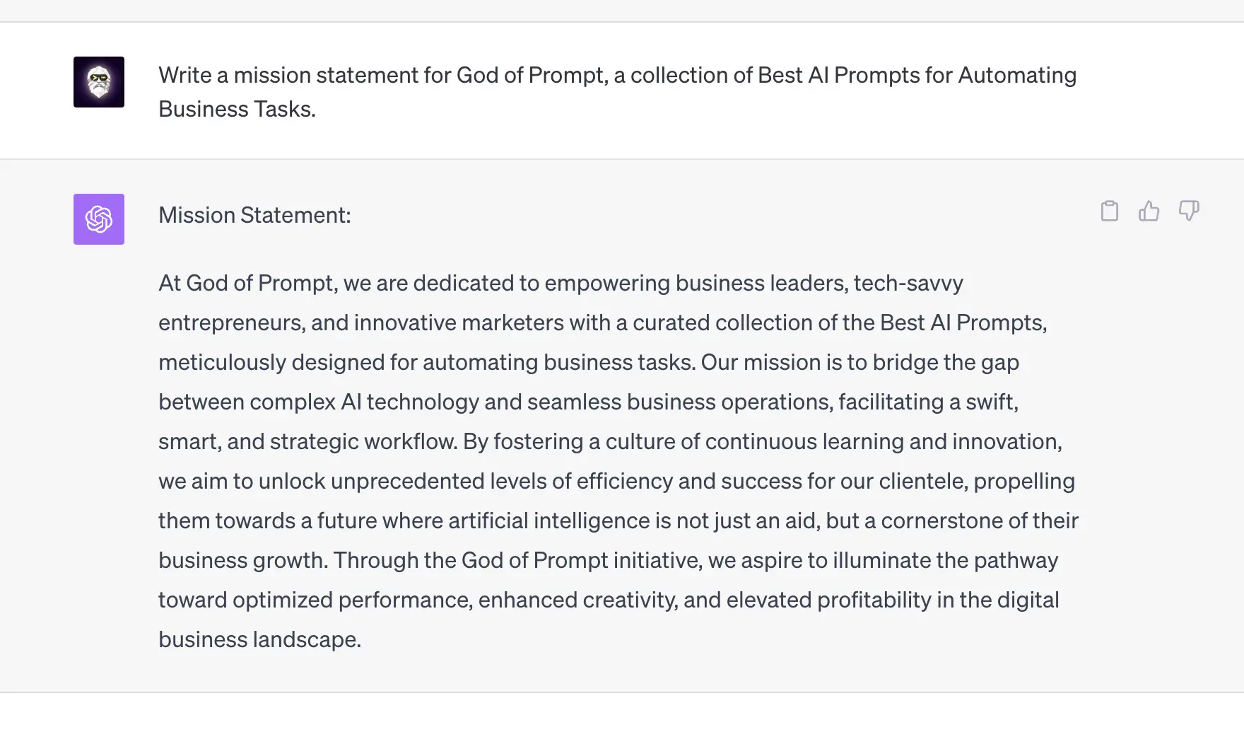 ChatGPT generated a mission statement for God of Prompt's business, a collection of Best AI Prompts.