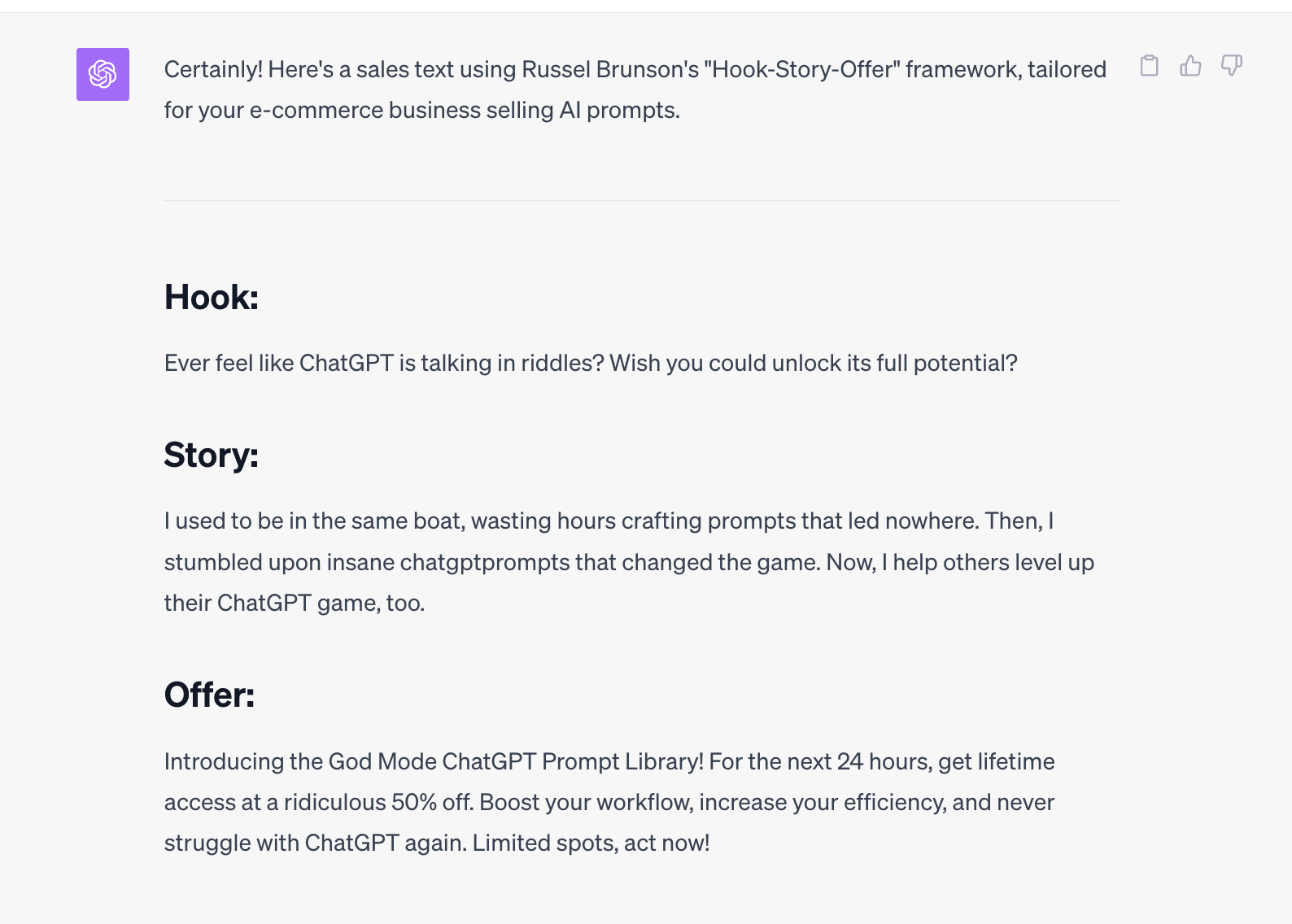 Ad Copy with the Hook, Story and Offer written by ChatGPT.