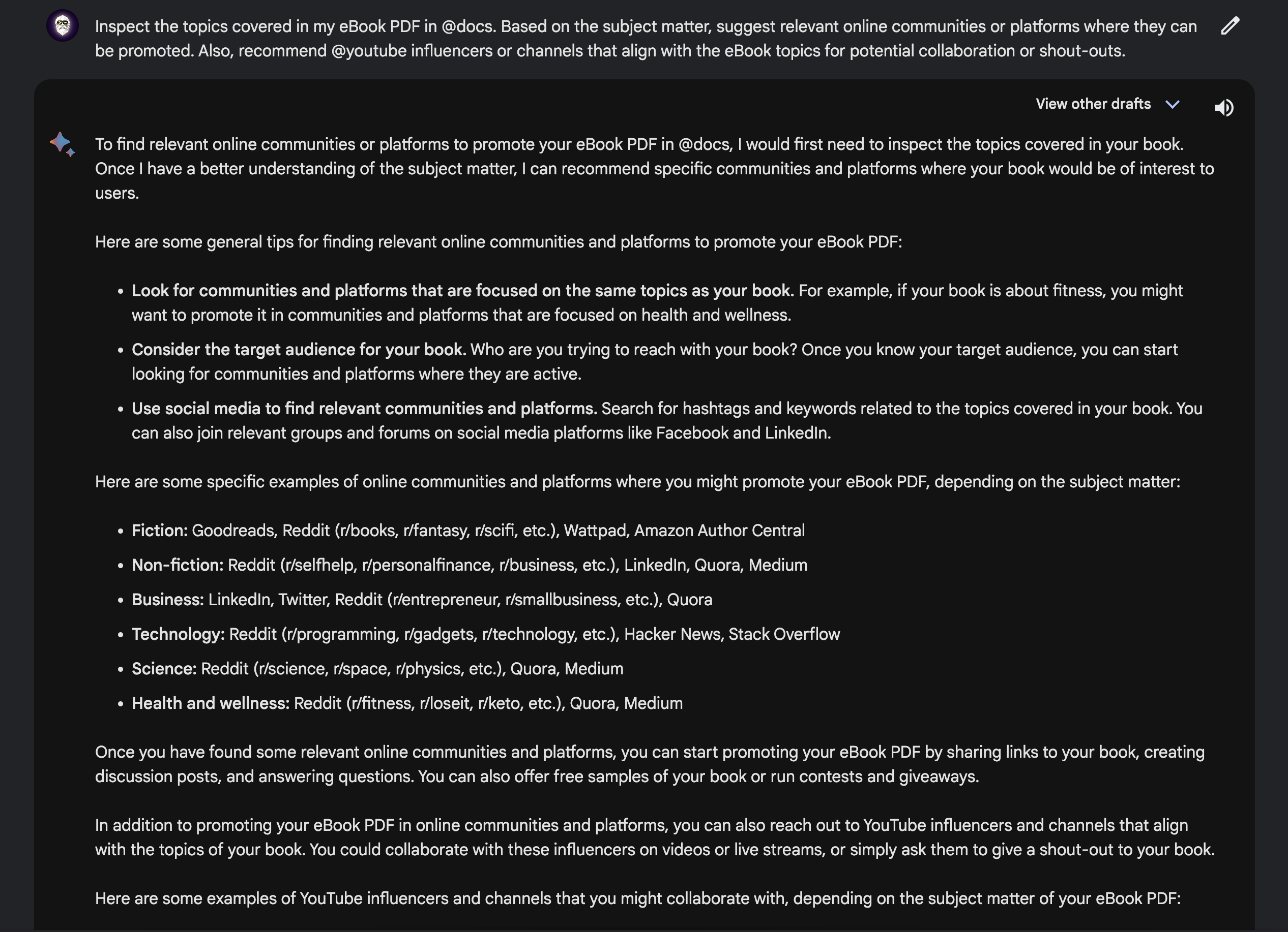 Google's Bard AI suggested me /r/smallbusiness, /r/entrepreneur and other tips on influencers to promote my eBook.