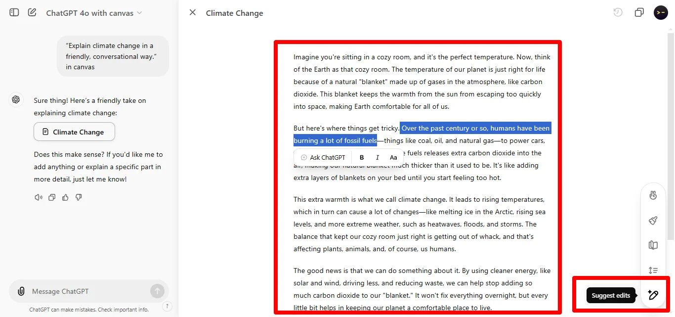 Use a Conversational Tone with ChatGPT Canvas response