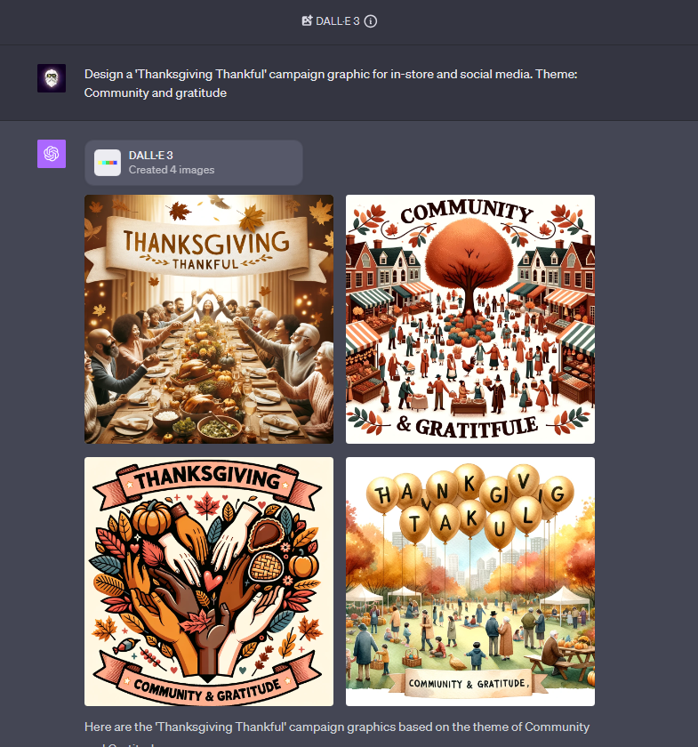 Thanksgiving campaign graphics generated by DALL-E 3