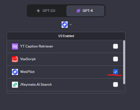WebPilot plugin enabled by click on a tick icon