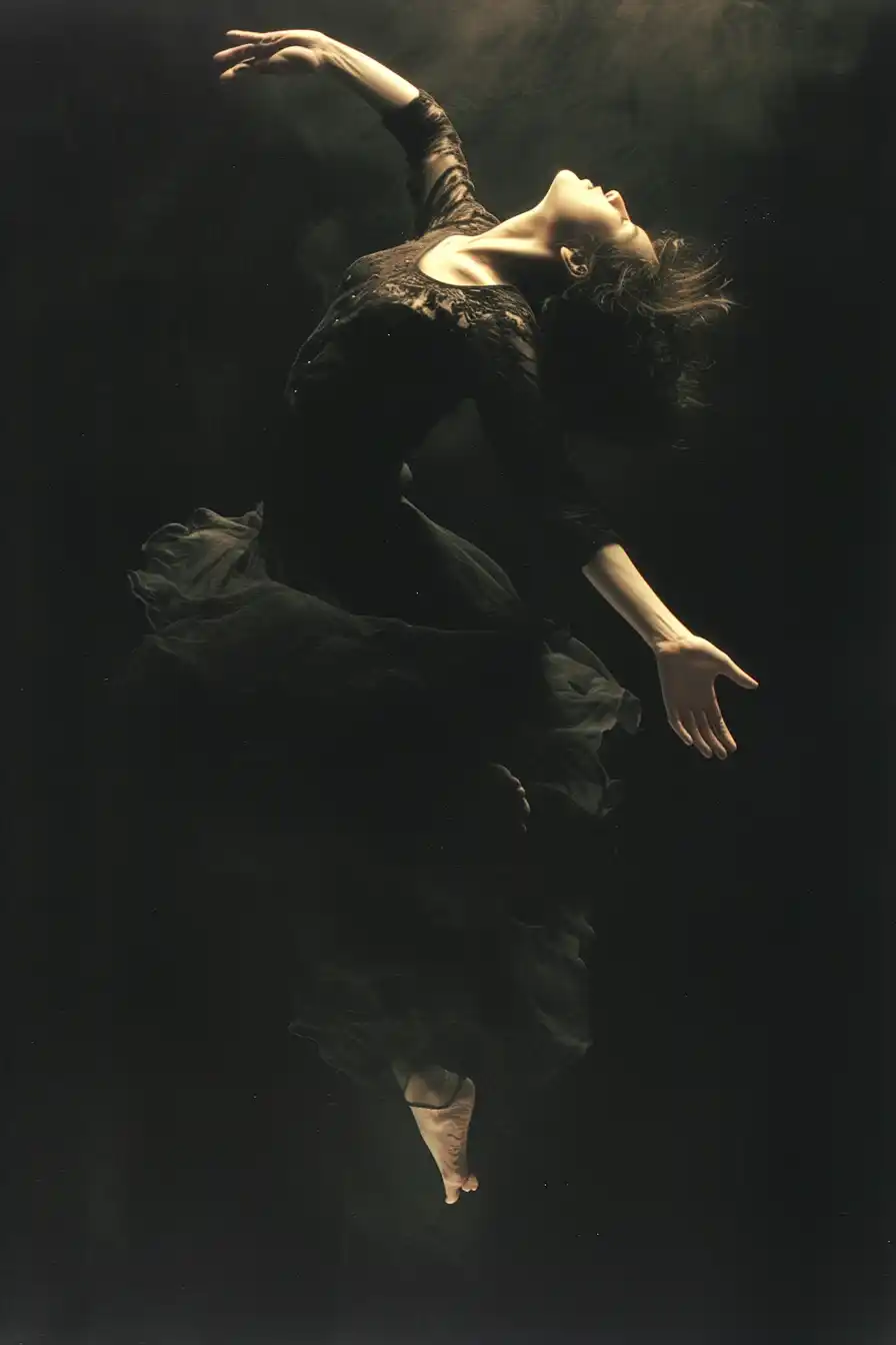 Midjourney AI Prompt: Superia X-TRA 400 film still, portrait of a woman freely dancing. In the style of dramatic documentary portrait photography -ar 2:3 -niji 6 -style raw -stylize 500