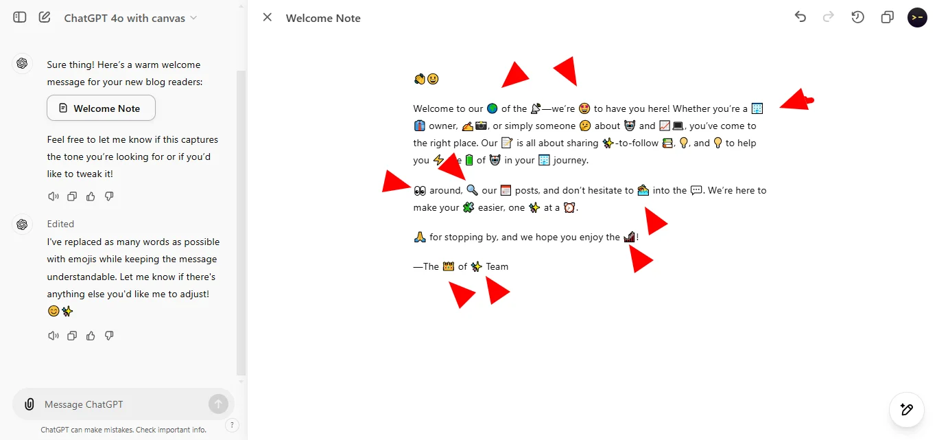Insert Emojis for Emphasis with ChatGPT Canvas edited response