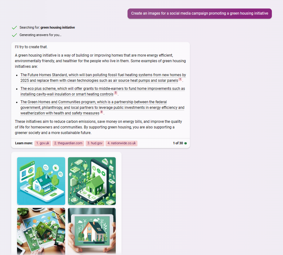 DALL-E 3, together with Bing Image Creator, created images for a green housing initiative social media campaign with some useful information.