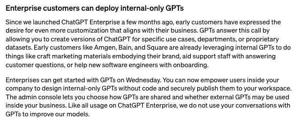 Enterprise customers can deploy internal-only GPTs