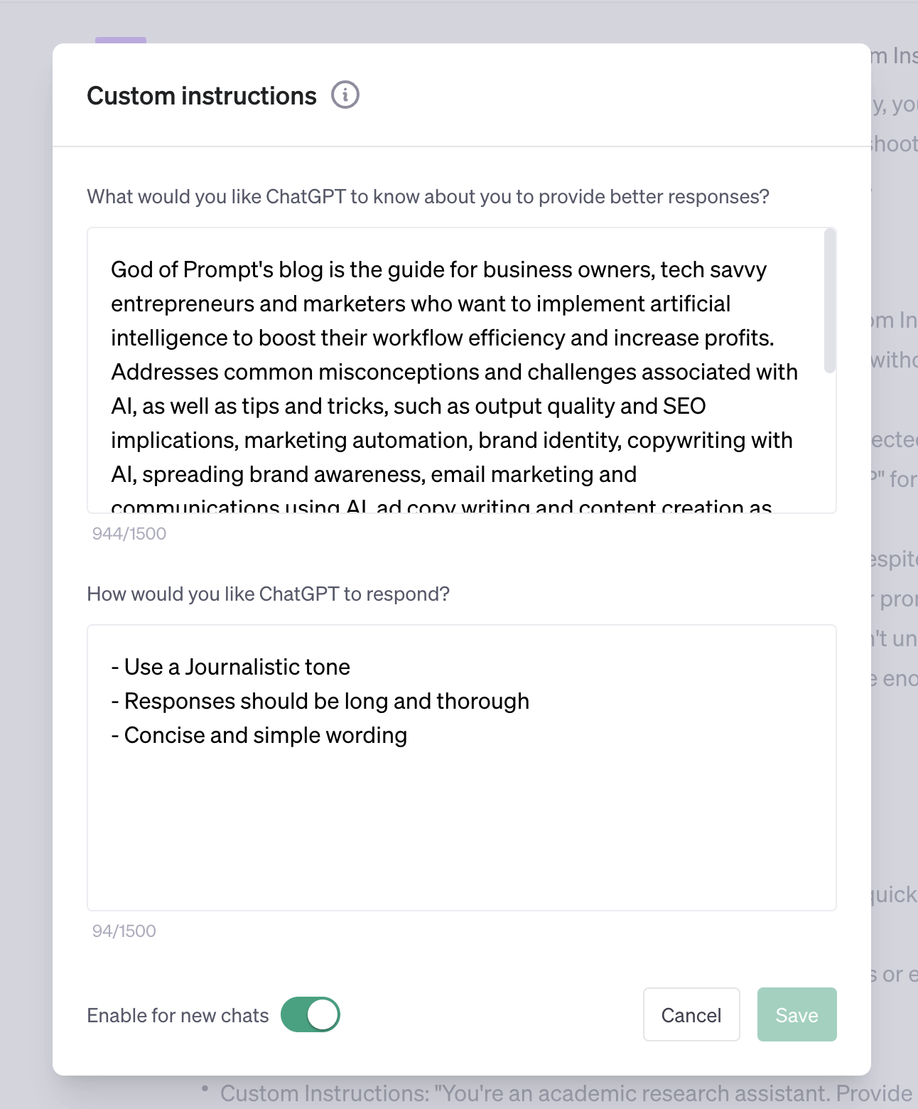 Example of Custom Instructions for God of Prompt's blog. Input here as much information as possbile about you or your business!