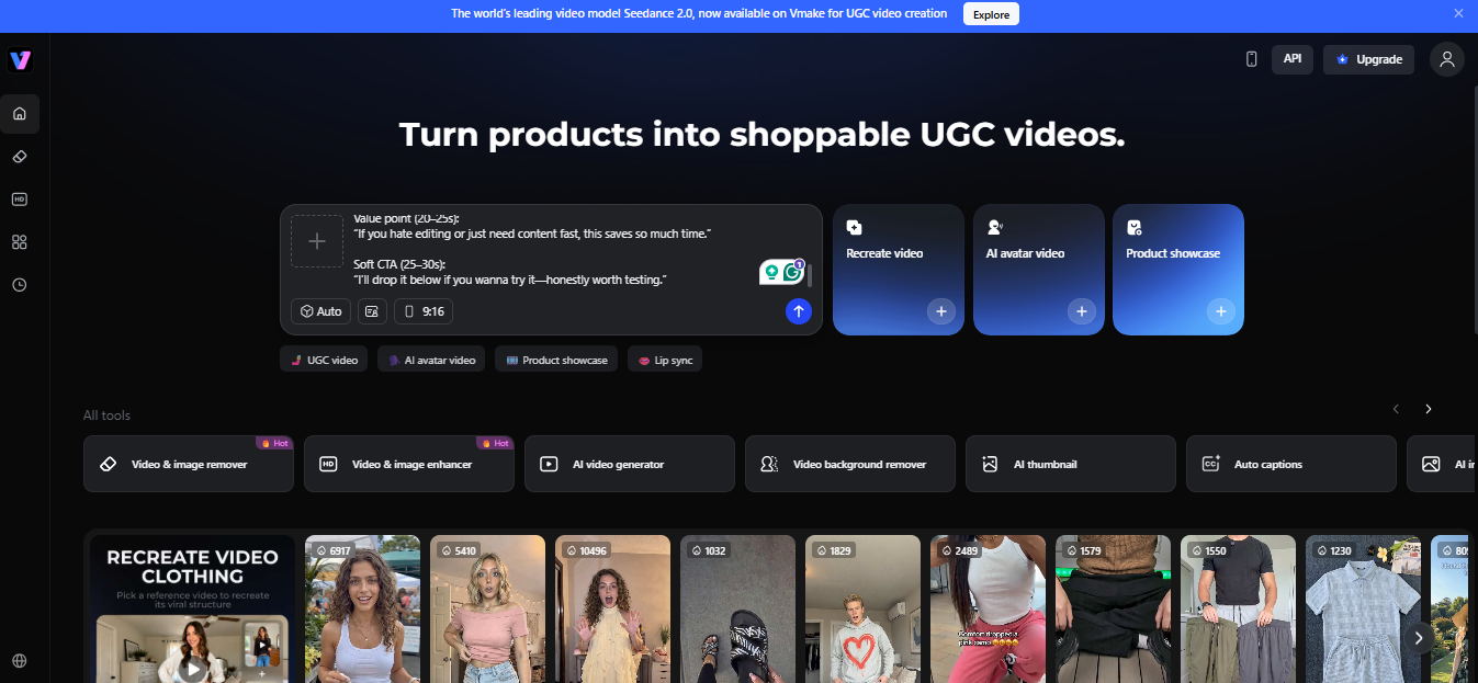 Pasting an AI-generated script into the Vmake UGC video workflow