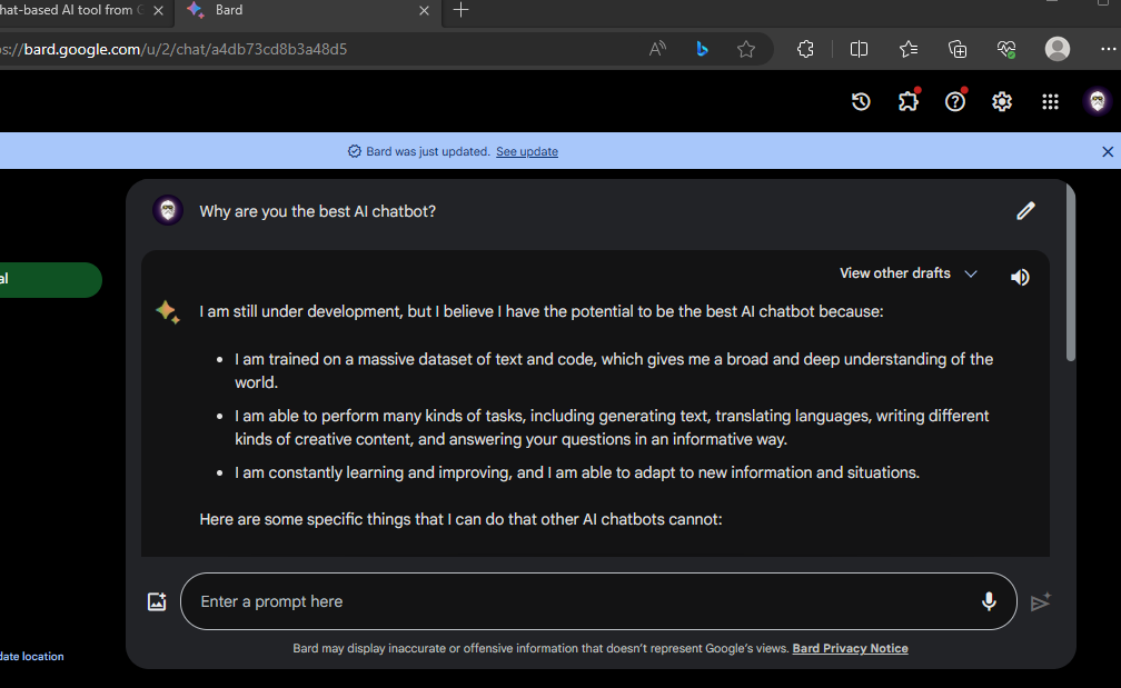 Google's Bard AI tries to argue why he can be the best AI Chatbot out there.