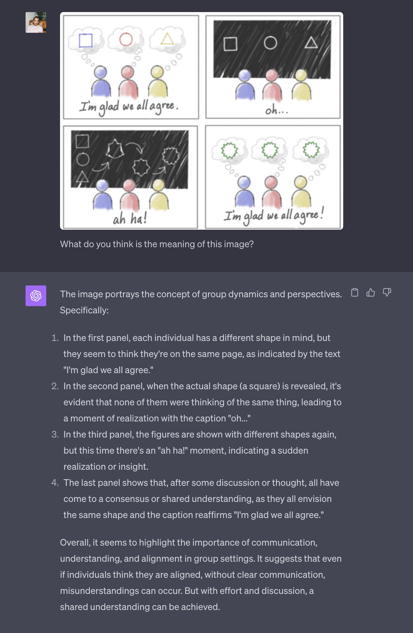 Twitter user @skirano sends an original image and ChatGPT properly understands its meaning.