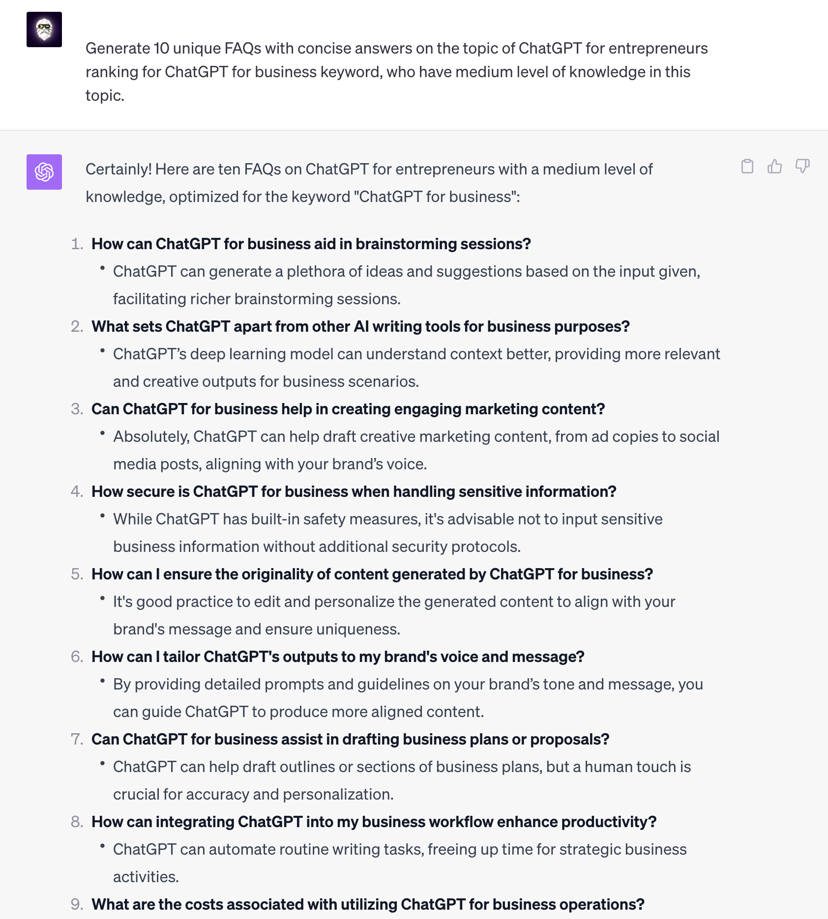 ChatGPTÂ Generated a FAQÂ Section ranking for keyword "ChatGPTÂ for Business"