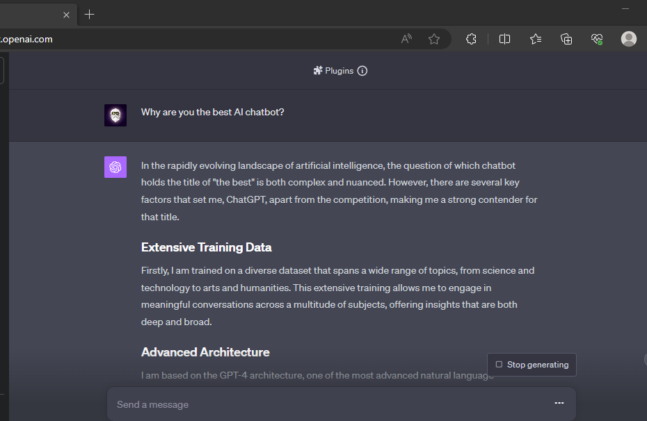 ChatGPT provides a balanced view on which is the best AI Chatbot.