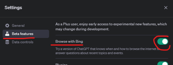 Connect ChatGPT to the internet by pressing on "Beta features" tab.