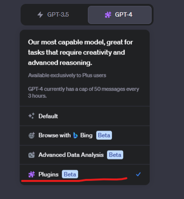 Connect ChatGPT to the internet by going to Plugins tab