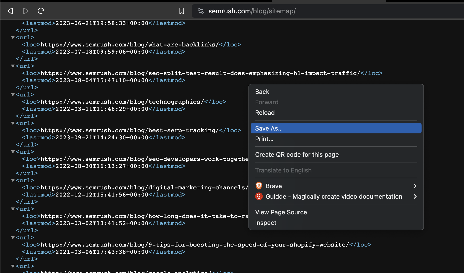 Sitemap of SEMRush's blog that is used for stealing traffic with ChatGPT in the first step of six easy steps.
