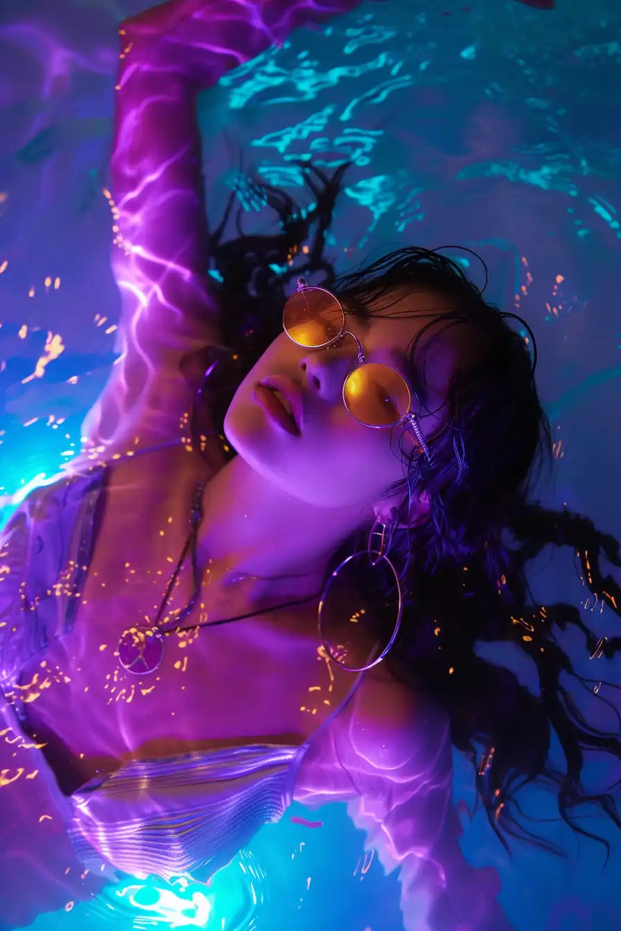 Midjourney AI Prompt: photo of a woman laying down in shallow water, crystal clear, high end future fashion shoot. Neon colors. Halo graphic, Full body female. Edgy and modern glowing translucent plastic and matte latex, fashion photoshoot. Modern block colours. alien streetwear, haute couture, avante garde -ar 2:3