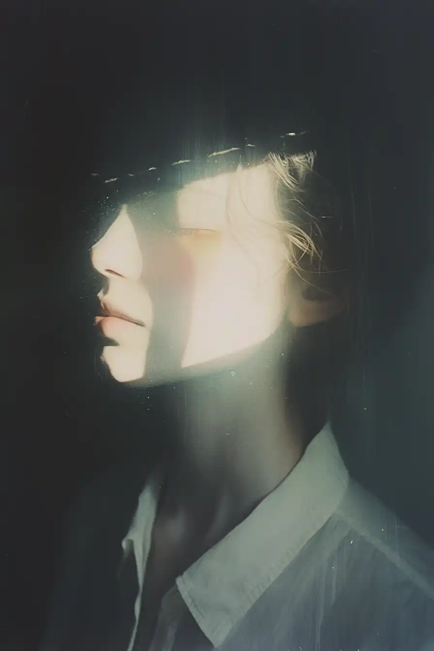 Midjourney AI Prompt: Superia X-TRA 400 film still, the solarized, absurd photography portrait, minimalism. In the style of dramatic documentary portrait photography -ar 2:3 -style raw -stylize 500 -niji 6‍