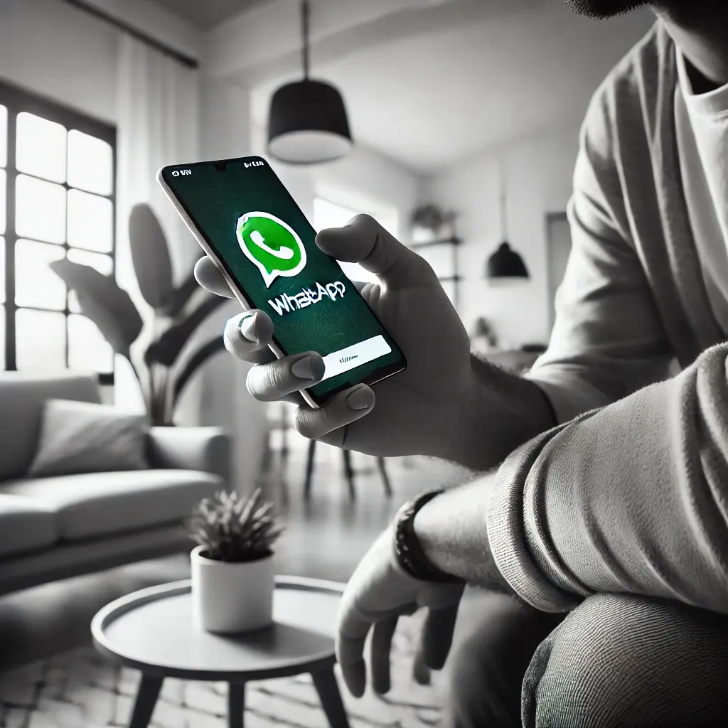 A_black_and_white_image_of_a_person_chatting_on_WhatsApp
