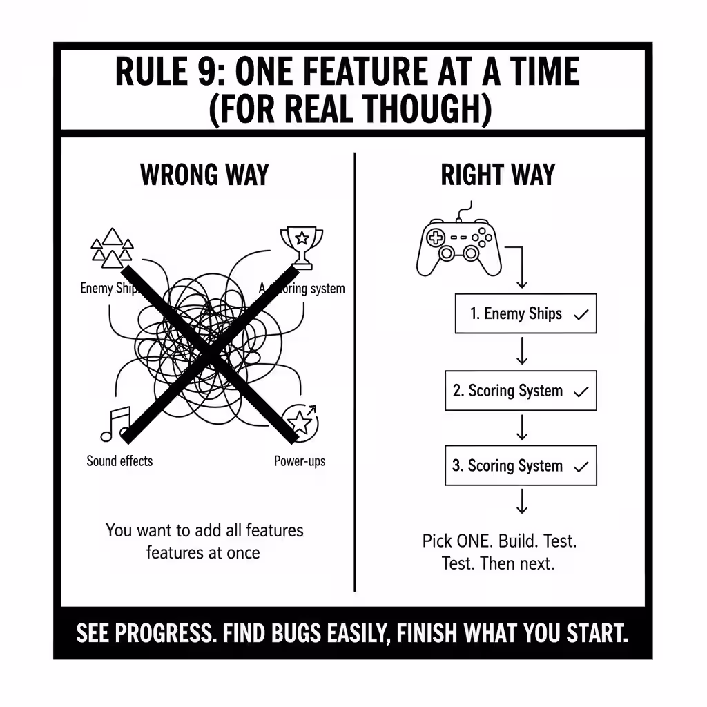 Rule 9: One Feature at a Time (For Real Though)