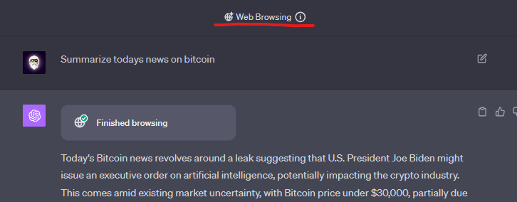 ChatGPT connected to the internet with the "Web Browsing" feature.