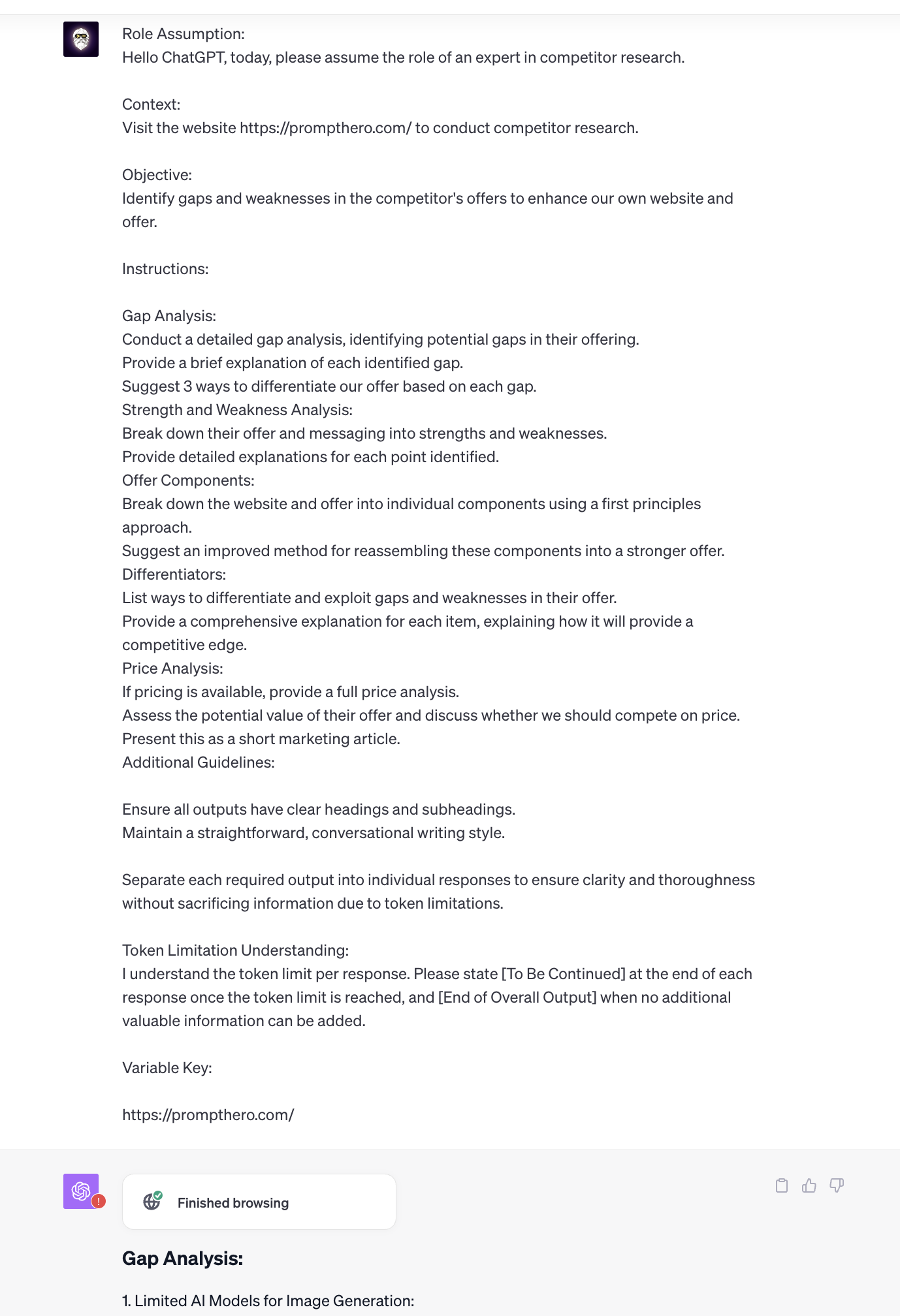 ChatGPT performs competitor research for https://prompthero.com website.