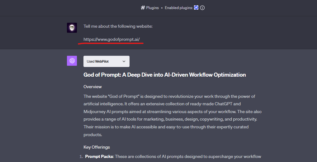 Showcase of godofprompt.ai URL pasted and ChatGPT browsing the link and retrieving data from it.