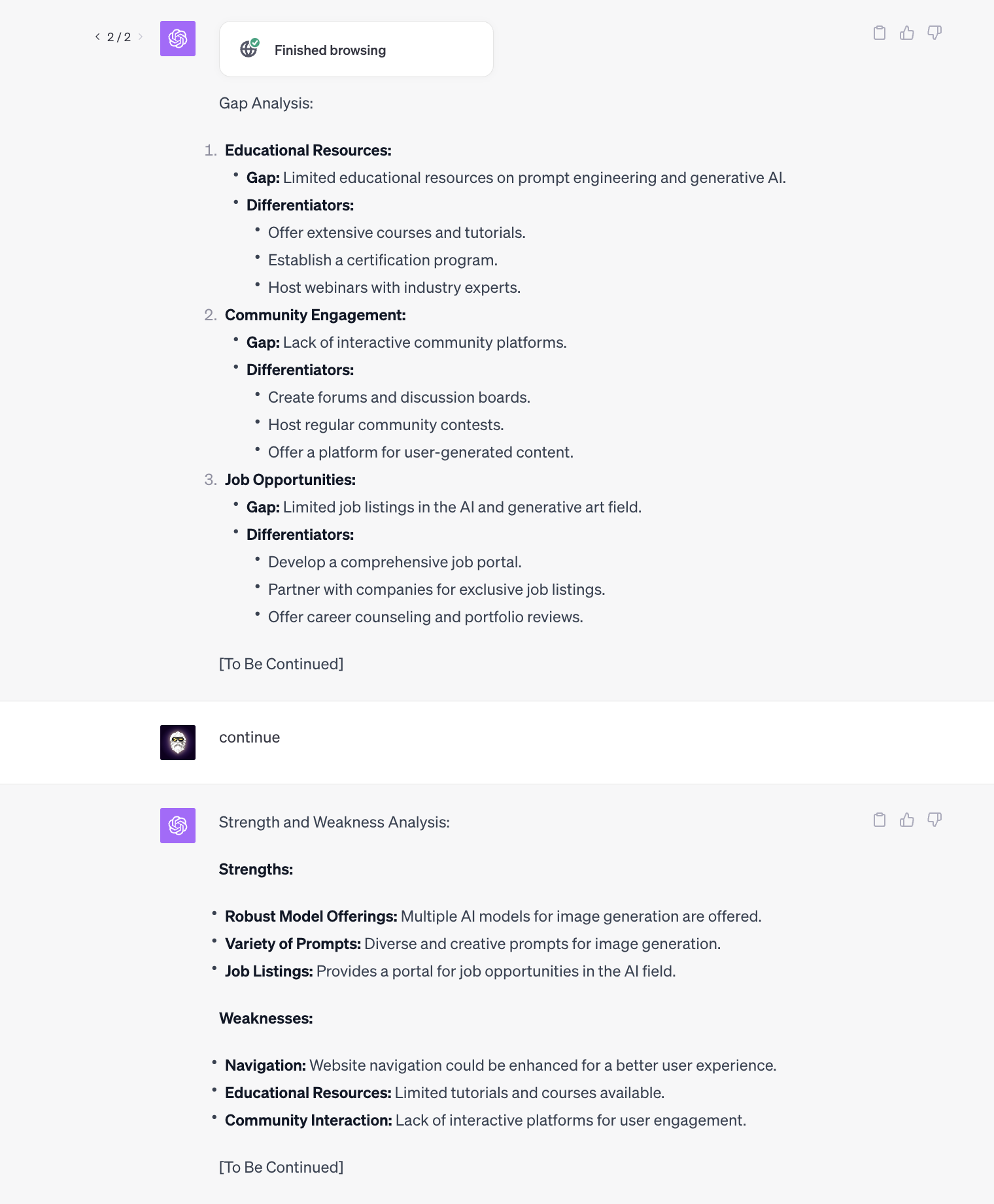 Just ask it to continue, and it will continue with the competitor analysis so as to not be affected by ChatGPT's character limit per message.
