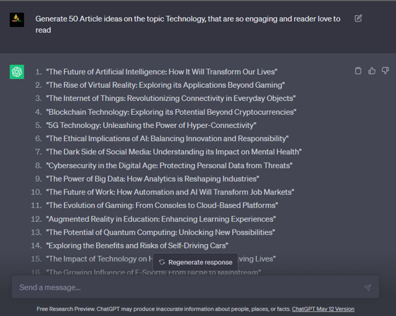 ChatGPT interface, showcasing tech topics