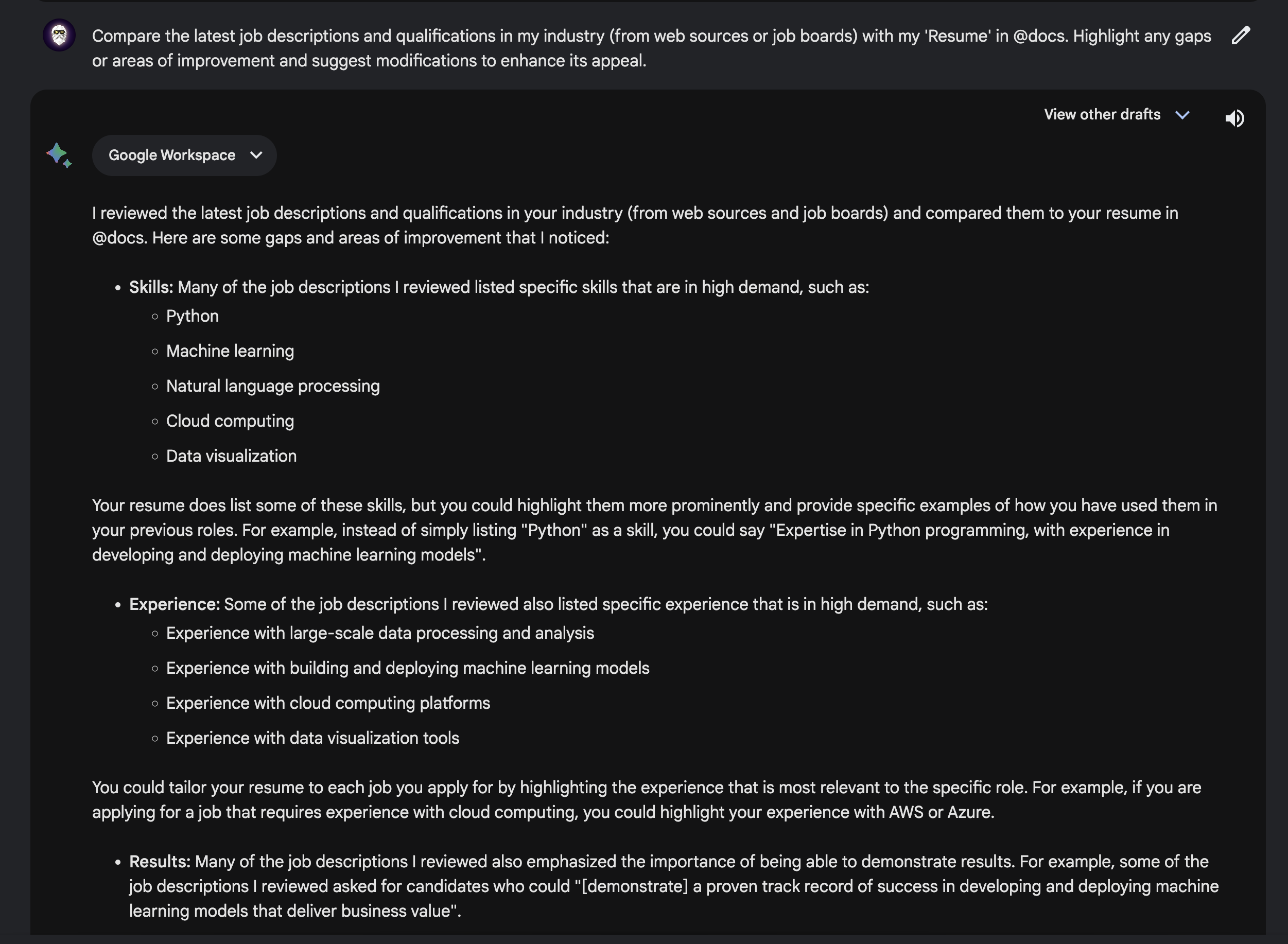 Google's Bard AI suggested some Resume enhancements using @docs for my CV.