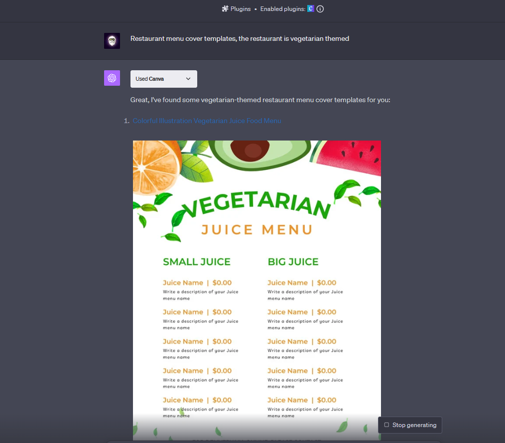 Using Canva Plugin in ChatGPT to create restaurant menu cover templates.