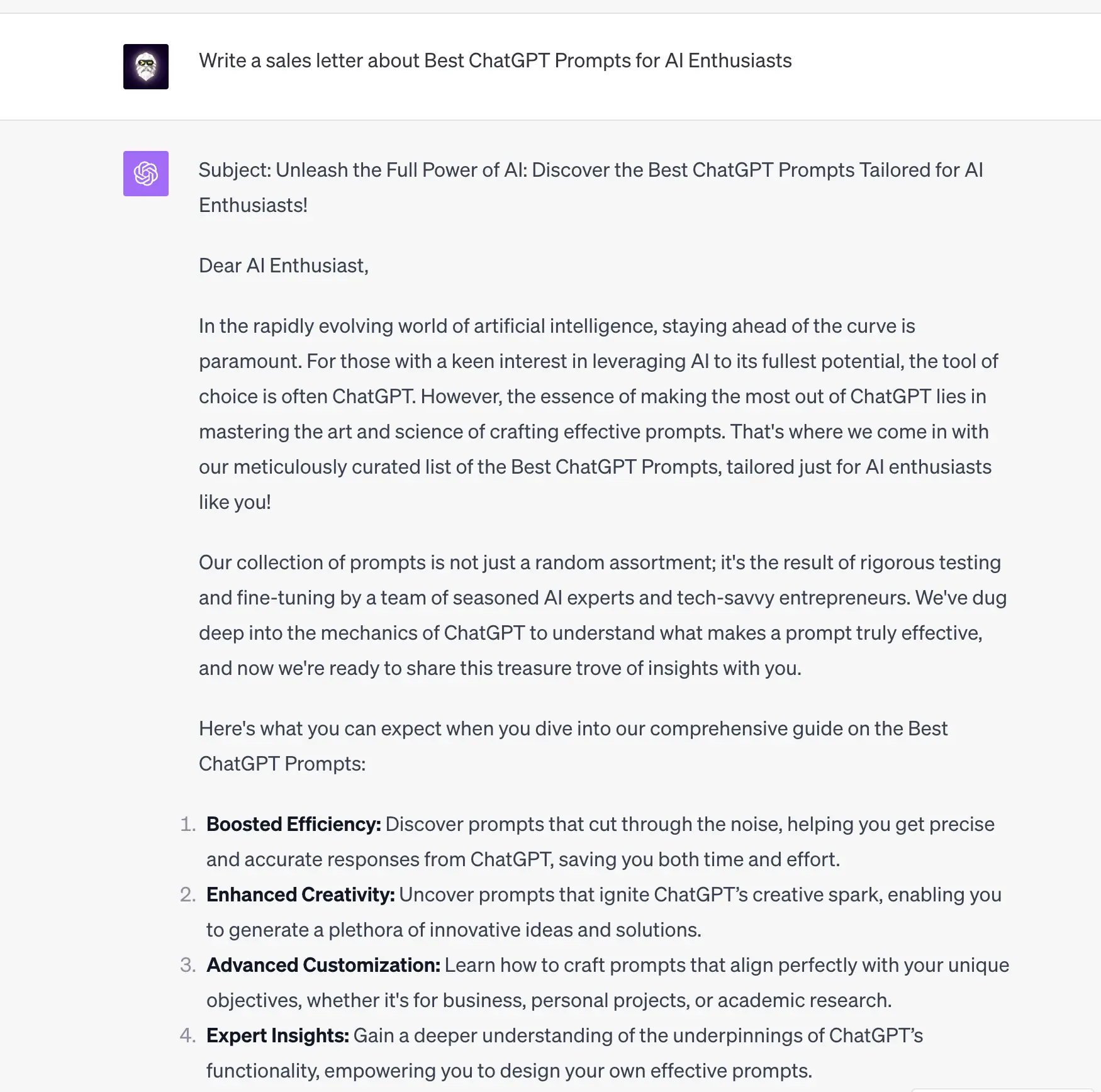 ChatGPT wrote a sales letter for AI Enthusiasts, creating an effective sales copy for "Best ChatGPT Prompts".