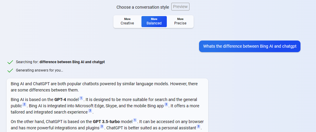 Microsoft Bing Chat Free alternative to browse the internet, showcase of interface with a question "What's the difference between Bing AI and ChatGPT?"