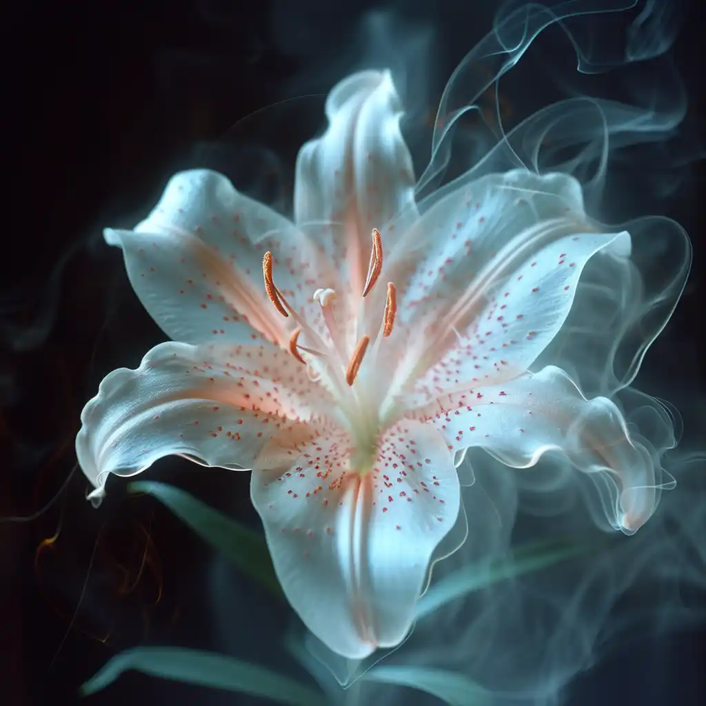Midjourney AI Prompt: Lily in Quantum Waves: 35 mm photo, lily, quantum wave tracking -chaos 5 -stylize 350
