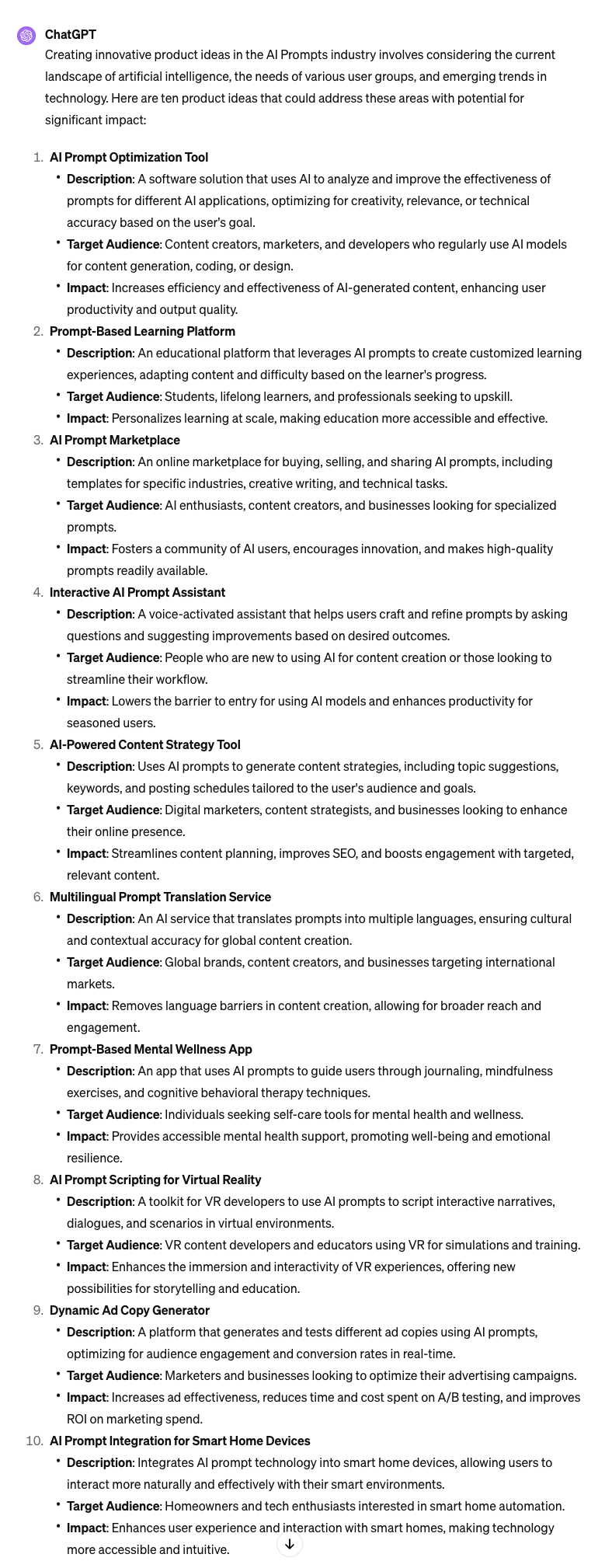 ChatGPT output for Innovative Digital Product Ideas Prompt