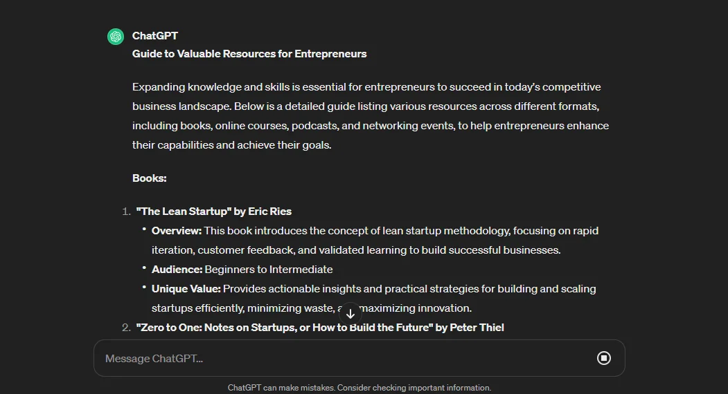Learning resources for entrepreneurs chatgpt prompt