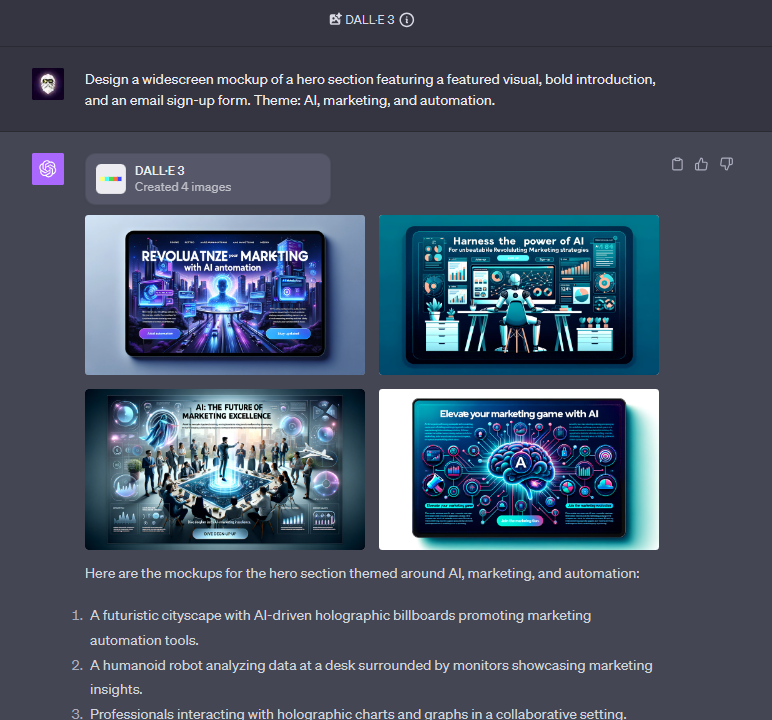 DALL-E 3 created a mockup of a hero section for email sign-up formi