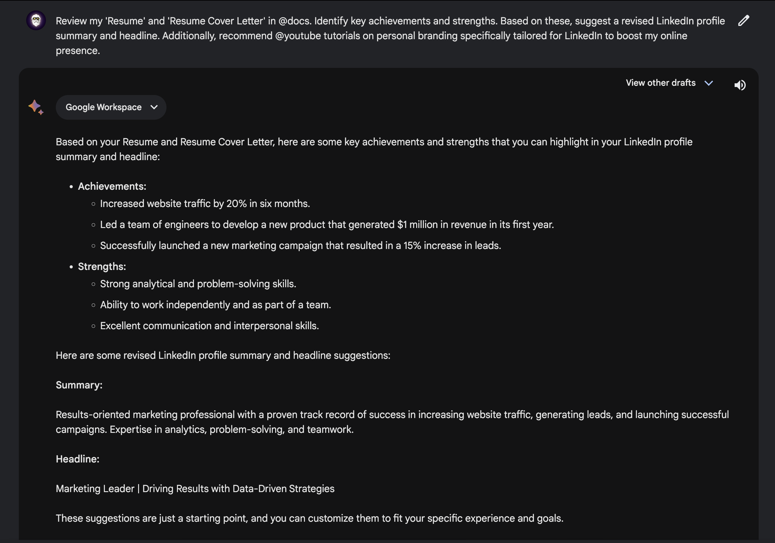 Google Bard AI analyzed my @docs and based on my achievements and strengths improved my LinkedIn profile.
