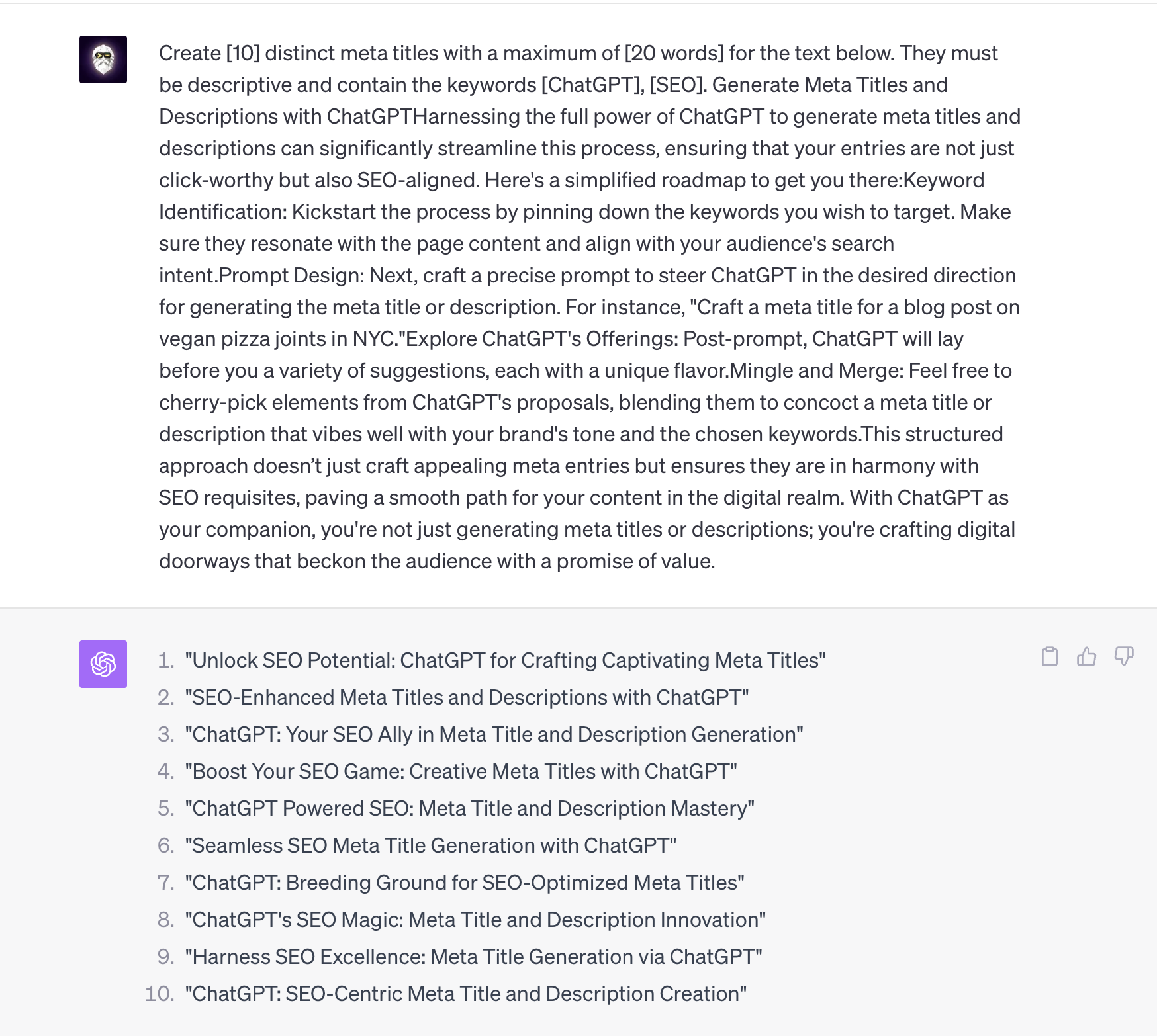 ChatGPT generated 10 Meta title ideas for keywords [SEO] and [ChatGPT].