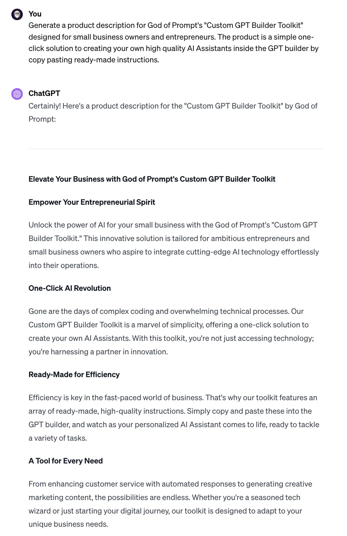 Generating a product description inside ChatGPT-4 for "Custom GPT Builder Toolkit" product by God of Prompt.