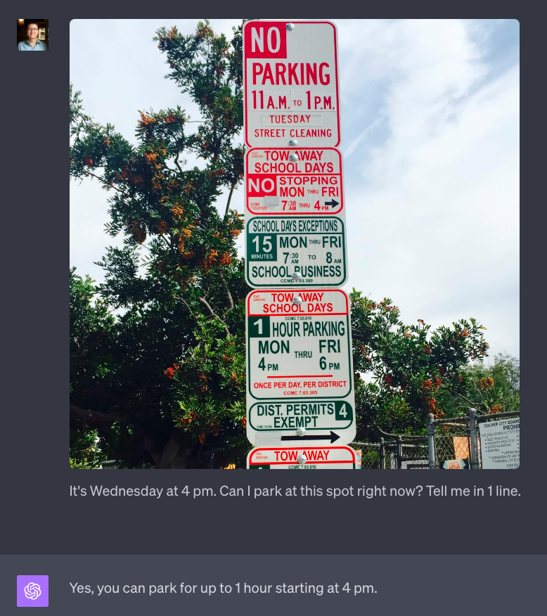 @petergyang on Twitter shares ChatGPT's ability to analyse incoherent signs to retrieve information about parking.