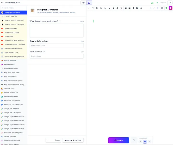 selecting template form jasper ai