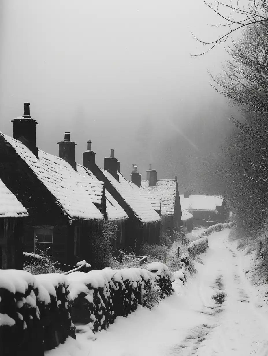 Midjourney AI Prompt: 35 mm photo, scottish village in the snow, mist, vanishing point -ar 3:4 -stylize 150‍