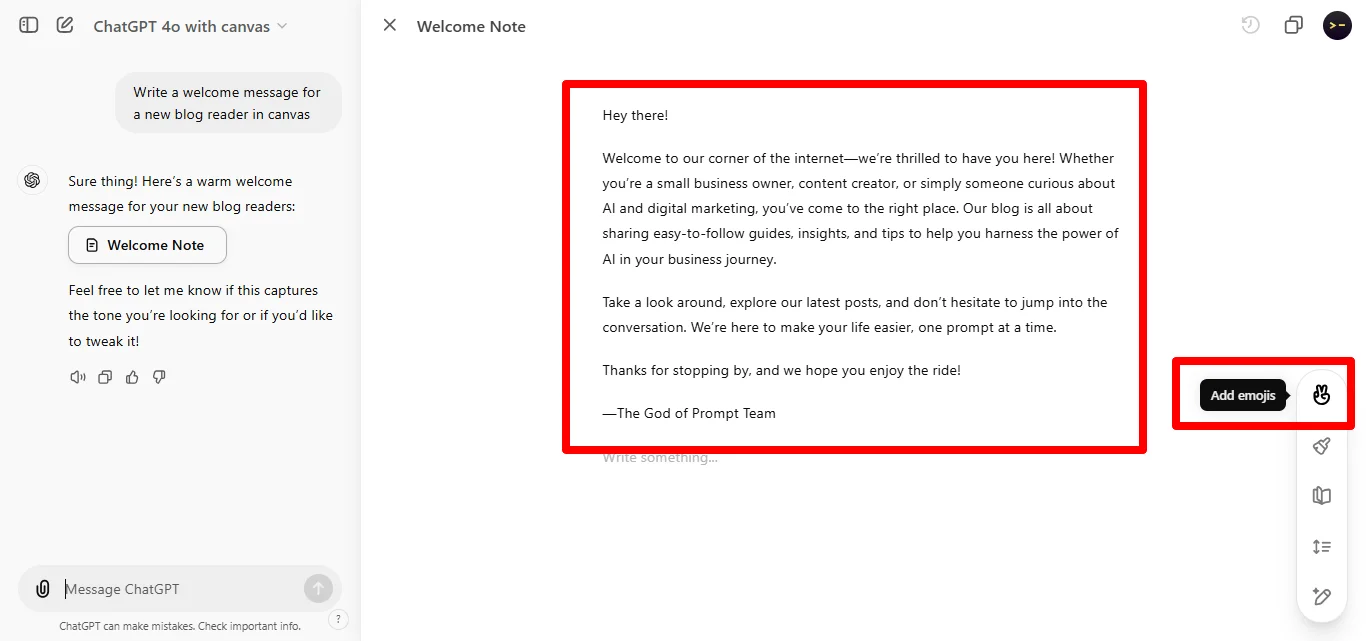 Insert Emojis for Emphasis with ChatGPT Canvas response